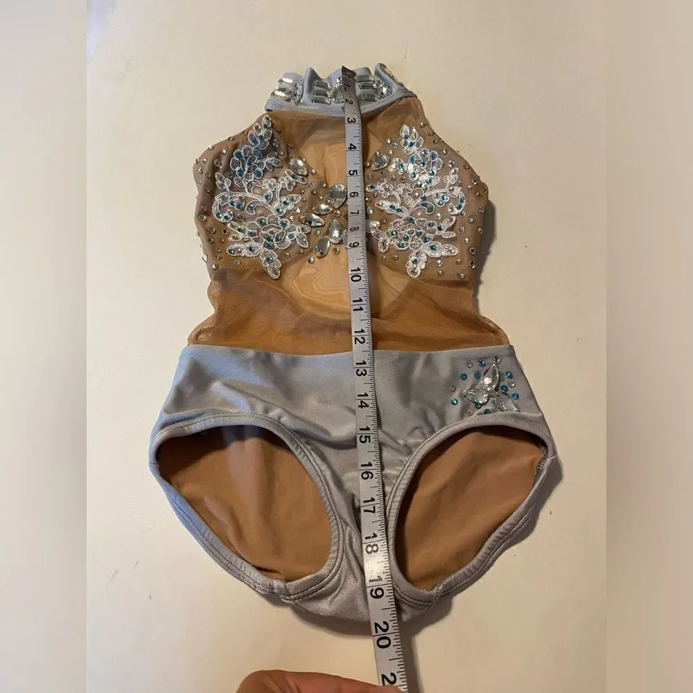 Patrick J designs dance costume silver gray nude illusion rhinestoned leotard CM